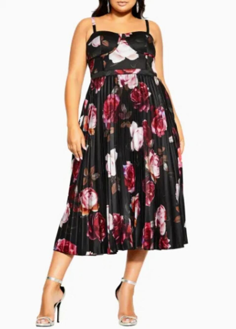 CITY CHIC Rich Bloom Party Dress Medium Size 18 Black Floral Midi Straps NWOT